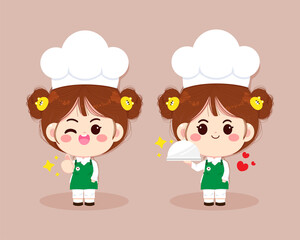 Set of Cute chef girl smiling in uniform preparing food cartoon art illustration logo