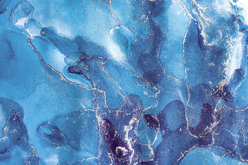 Abstract background in blue color, hand drawn alcohol painting