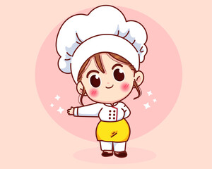 Cute chef girl smiling in uniform welcoming and inviting his guests cartoon art illustration logo