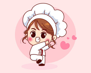 Cute chef girl smiling in uniform welcoming cartoon art illustration logo