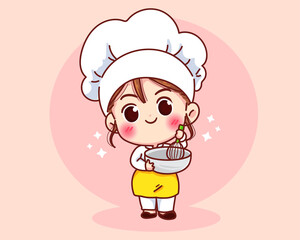 Cute Bakery chef girl smiling in uniform mascots cartoon art illustration logo