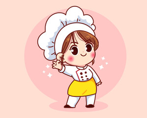 Cute chef girl smiling in uniform mascots gesturing ok sign cartoon art illustration logo