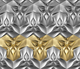 3D Wallpaper in the form of geometric 3D gold and silver panels. Realistic seamless texture. Design of 3D panels for the wall. Template for wrapping. Luxury background. Seamless pattern. 3d render.