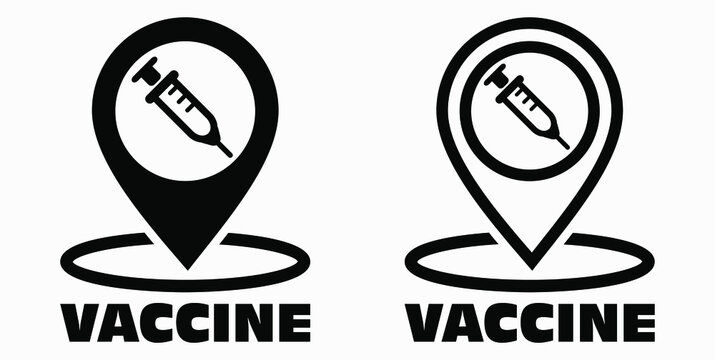 Vaccine and location icon. Syringe sign. The location of the hospital. Vector icon.