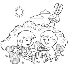 Children with easter eggs and rabbit