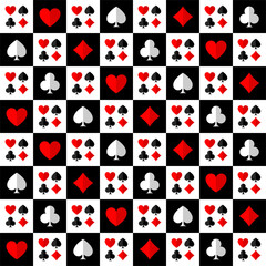 Square chess poker seamless pattern with card suits: clubs, hearts, diamonds, spades.