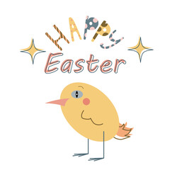 Happy Easter day greetings with an cute  chick and text. Cartoon adorable Character for Easter Holiday. Vector framed illustration.