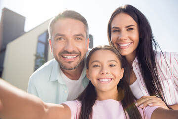 Portrait of cheerful lady guy little girl make selfie beaming smile have great mood hanging out...