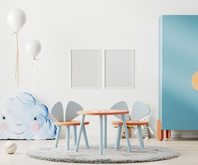 Frame mock up in modern kids playroom in scandinavian style with table and toys, balloons, children room interior mockup, 3d rendering