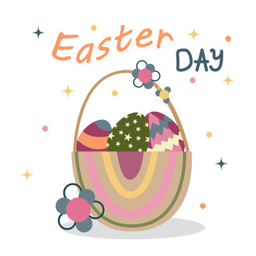 Happy Easter day greetings with an cute  bascet and text. Cartoon adorable Vector  illustration for Easter Holiday. 