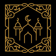 Design Vector is created in the style of line art which forms Mosque combination and frame in color gold