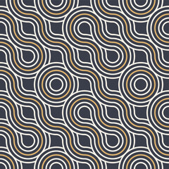 Abstract seamless. Seamless braided linear pattern, wavy lines, circles. Endless striped texture with winding elements. Vector geometric color background.