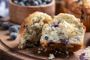 Blueberry Muffin on a Wooden Platter