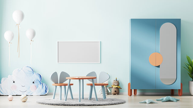 Horizontal frame mock up on blue wall in stylish modern children room interior, kids room interior background, nursery, 3d rendering