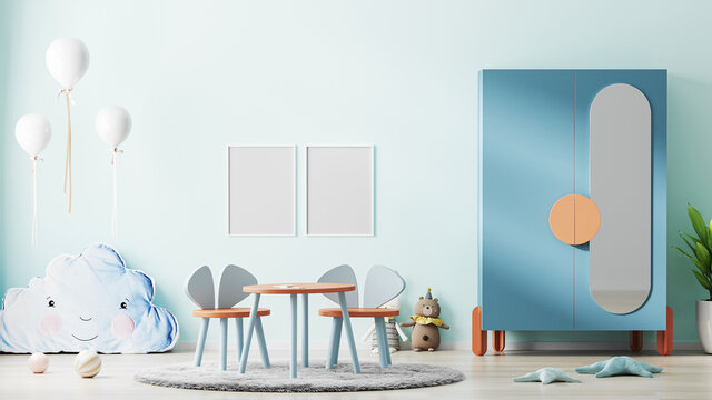 Poster frame mock up on blue wall in stylish modern children room interior, kids room interior background, nursery, 3d rendering