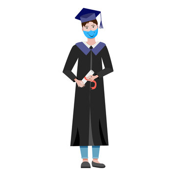 Young male graduate in black gown and academic square hat. college student wearing a medical protective mask. Vector flat illustration