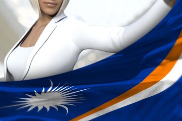 Fototapeta na wymiar sexy business lady holds Marshall Islands flag in front on the mall background - flag concept 3d illustration