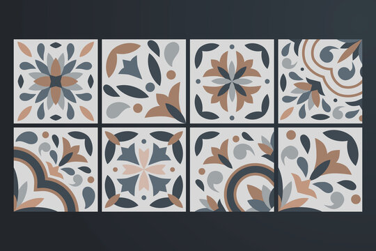 Collection of 8 ceramic tiles in vintage style, retro motif