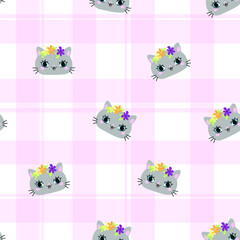 Cute pink pattern in a cage with cats. Pets seamless background. Textiles for children Digital paper scrapbook.