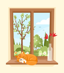 Spring window. Vector illustration of wood window view of garden with sleeping cat and vase with flowers on the sill. Spring landscape with tree, bush, field, hills. Spring mood. Cozy sunny morning