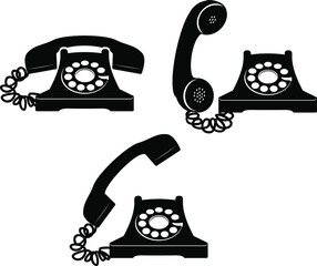 Set of retro old phone - telephone, icons in flat style, Vectorl illustration. 