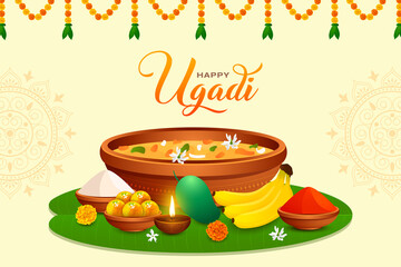 Greeting traditional Gudhi for Indian New Year festival Gudi Padwa & Happy Ugadi Greeting