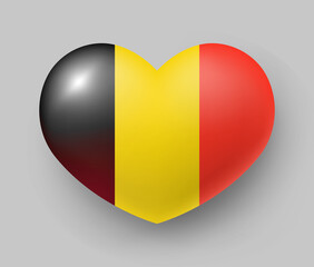 Fototapeta premium Heart shaped glossy national flag of Belgium. European country flag button, sign in patriotic colors realistic vector illustration on gray background