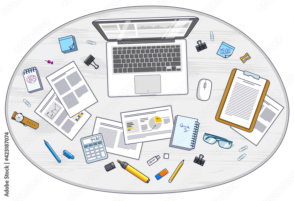 Fototapete Work desk workspace top view with PC notebook and analytics papers with graphs and data and stationery objects on table. All elements are easy to use separately or recompose illustration. Vector.