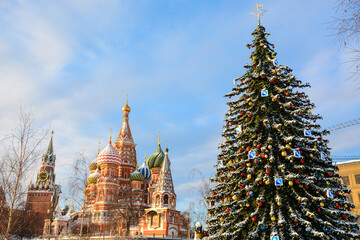 MOSCOW, RUSSIA - January 17, 2021: Winter view to Saint Basil's Cathedral and Kremlin from Zaryadye Park