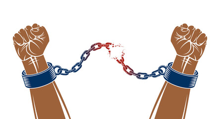 Slavery theme illustration with strong hand clenched fist fighting for freedom against chain, vector logo or tattoo, getting free, struggle for liberty. © Sylverarts