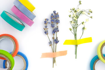 Set of paper sticky tape on a white background. Colored self-adhesive tape for decoration. Decorative adhesive tape for hobby. Small bouquet of dry lavender and gypsophila glued to paper, herbarium