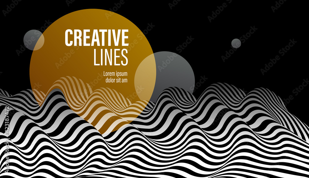 Poster 3d black and white lines in perspective with yellow circle splat abstract vector background, linear 