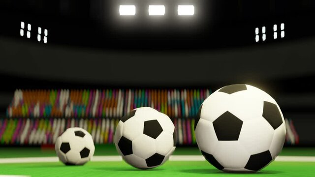 Closeup three soccer balls is spinning on the stage floor., The stadium was made in 3d without using existing references. loopes 4K Footage animation.