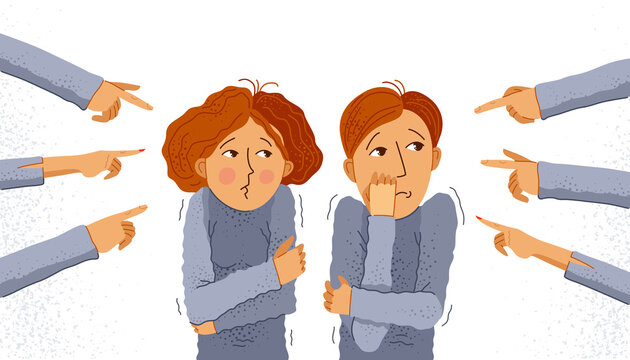 Shaming and blaming vector concept, hands pointing finger on young couple feeling uncomfortable and scared, discrimination problem of cruel and intolerant behavior in social groups.