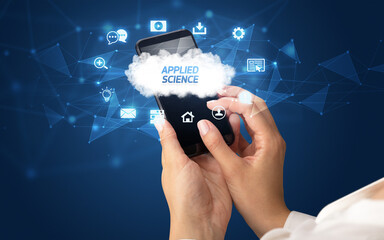 Hand using smartphone with cloud technology concept