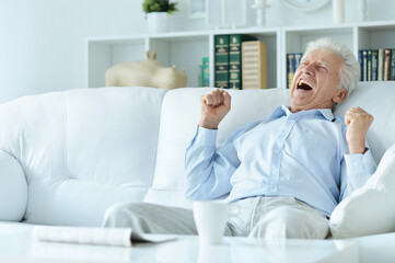 Obraz premium Senior man reading newspaper at home