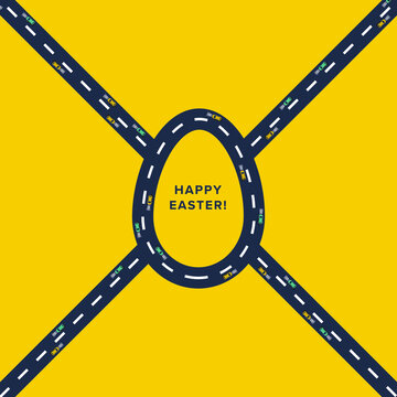 Original and Creative Happy Easter Card with the Road and Roundabout in the Shape of an Egg. Square Format. Vector Illustration. EPS10 with Layers.