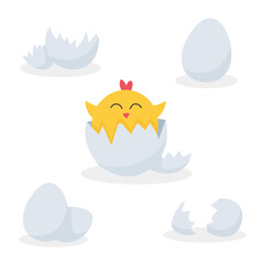 Funny vector eggs and chicken. The graphic illustration is isolated on a white background. Poultry for printing postcards, fabrics, textiles, children's assignments
