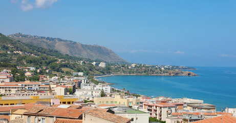 Naklejka na ściany i meble Panoramic view of Cefalu cityscape with Mediterranean sea, Sicily Island, Italy