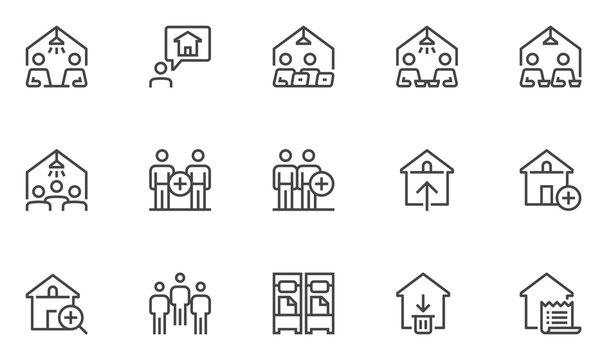 Set of Vector Line Icons Related to Coliving. Flatmates, Sharing an Apartment, Joint Rental Housing. Editable Stroke. 48x48 Pixel Perfect.