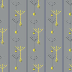 Abstract dandelion seeds striped seamless vector pattern background.Stylized folk art groups of herbacious flowers and stripes grey yellow backdrop.Geometric line art repeat for wellness