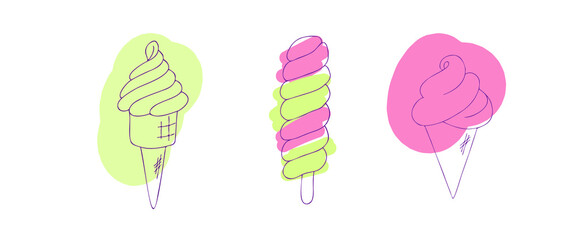A set of ice cream of different shapes pink and green. Cartoon style vector illustration.