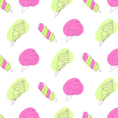 Seamless pattern of ice creams of different shapes in pink and green colors. Cartoon style vector illustration.
