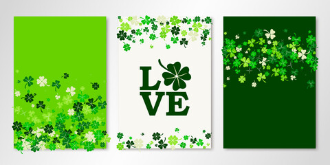 St Patrick's Day greeting cards set with logo love, clover and shamrock confetti. Three vector flyer design templates for banners, invitations, greeting cards, certificates. All isolated, layered