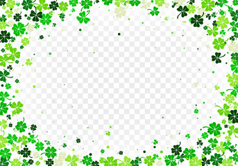 Background with scattered four leaved clovers and shamrocks for St Patrick's Day isolated on white transparent background. Overlay oval border. Vector illustration