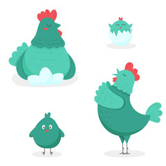 Funny family with hen, rooster and chickens. The graphic illustration is isolated on a white background. Pets for printing postcards, fabrics, textiles, children's assignments
