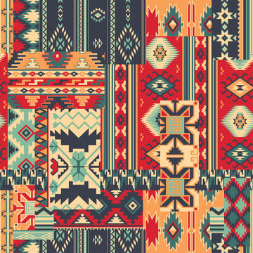 Traditional native American style fabric patchwork vector seamless pattern 