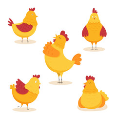 Funny chicken. The graphic illustration is isolated on a white background. Poultry for printing postcards, fabrics, textiles, children's assignments