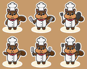 Cute Squirrel Chef cartoon vector illustration. Cute Squirrel character design bundle with different expressions, Good for icon, logo, label, sticker, clipart.