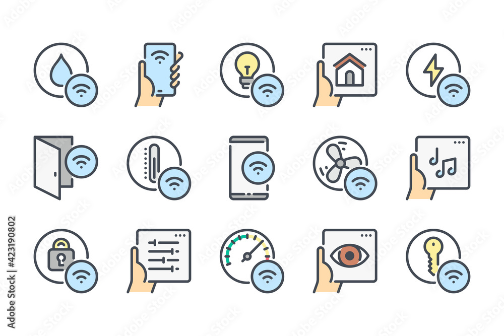 Poster smart house remote control color line icon set. smart home network system and management linear icon